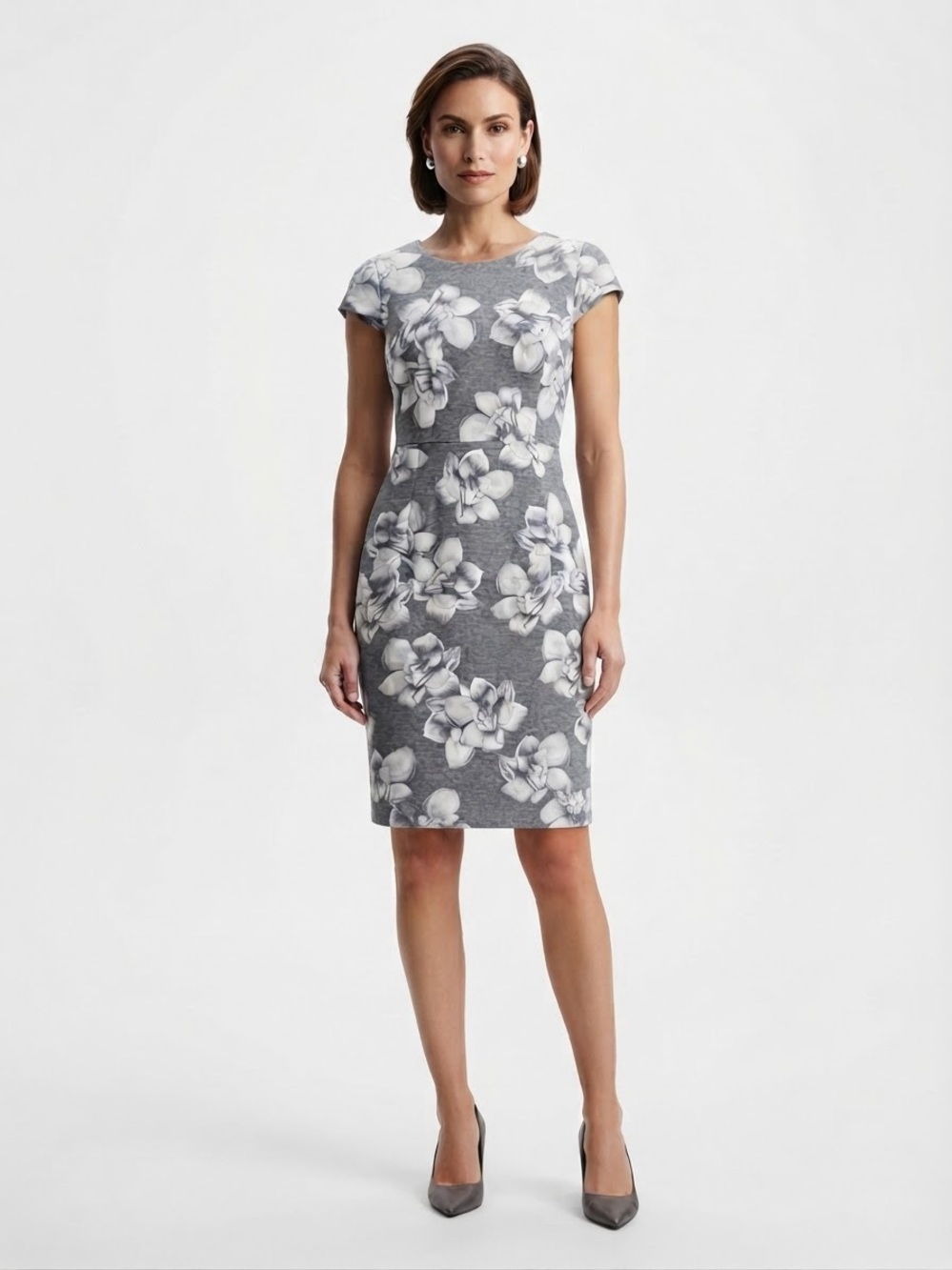 Betsey Johnson Gray Floral Cap-Sleeve Sheath Dress